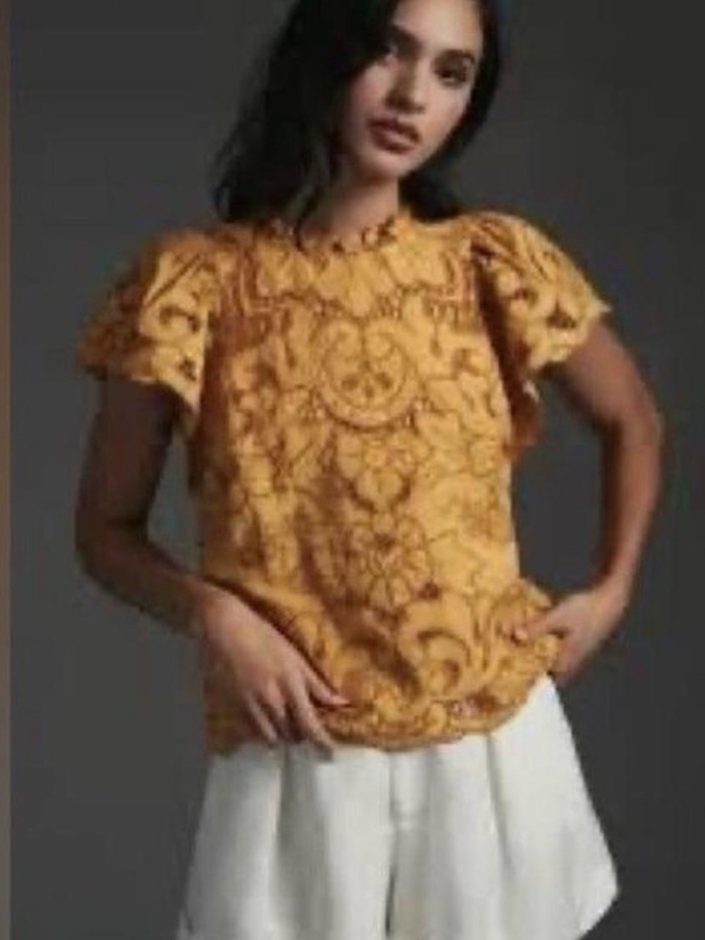 Anthropologie Mustard Embroidered Flutter-Sleeve Top